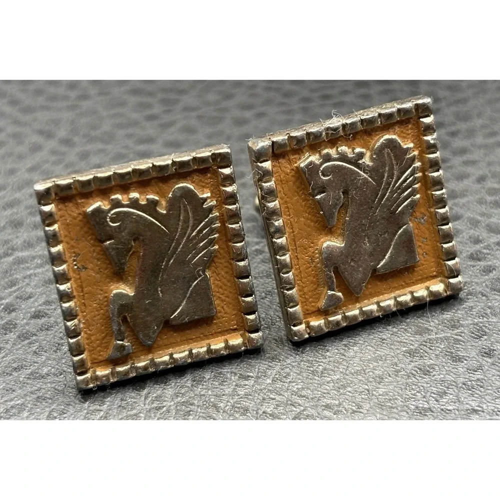 Vintage Horse Pegasus Equestrian Enamel Large Cufflinks Base Metal Gold Tone